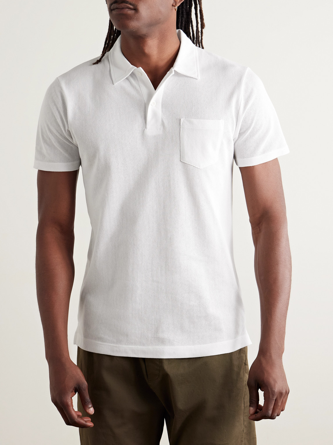 Shop Sunspel Riviera Cotton-mesh Polo Shirt In White