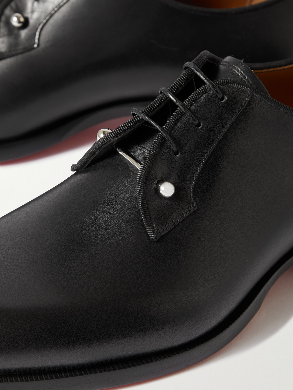 Shop Christian Louboutin Chambeliss Grosgrain-trimmed Embellished Leather Derby Shoes In Black