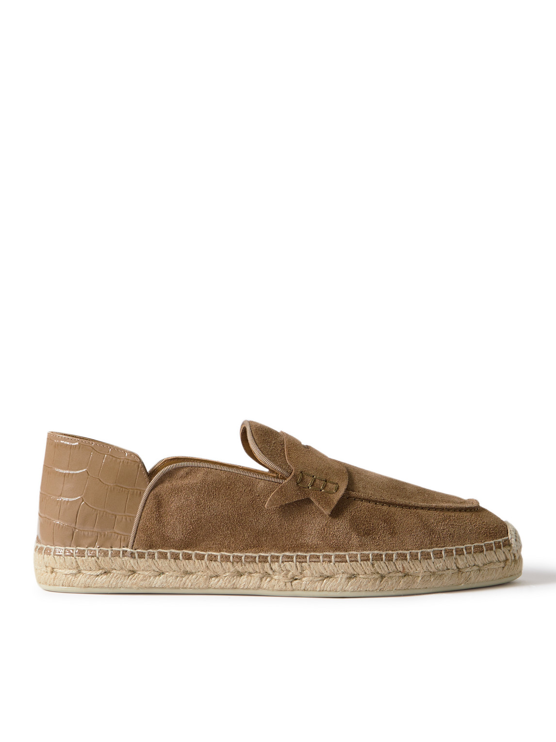 Christian Louboutin Paquepapa Collapsible-heel Croc-effect Leather-trimmed Suede Espadrilles In Brown