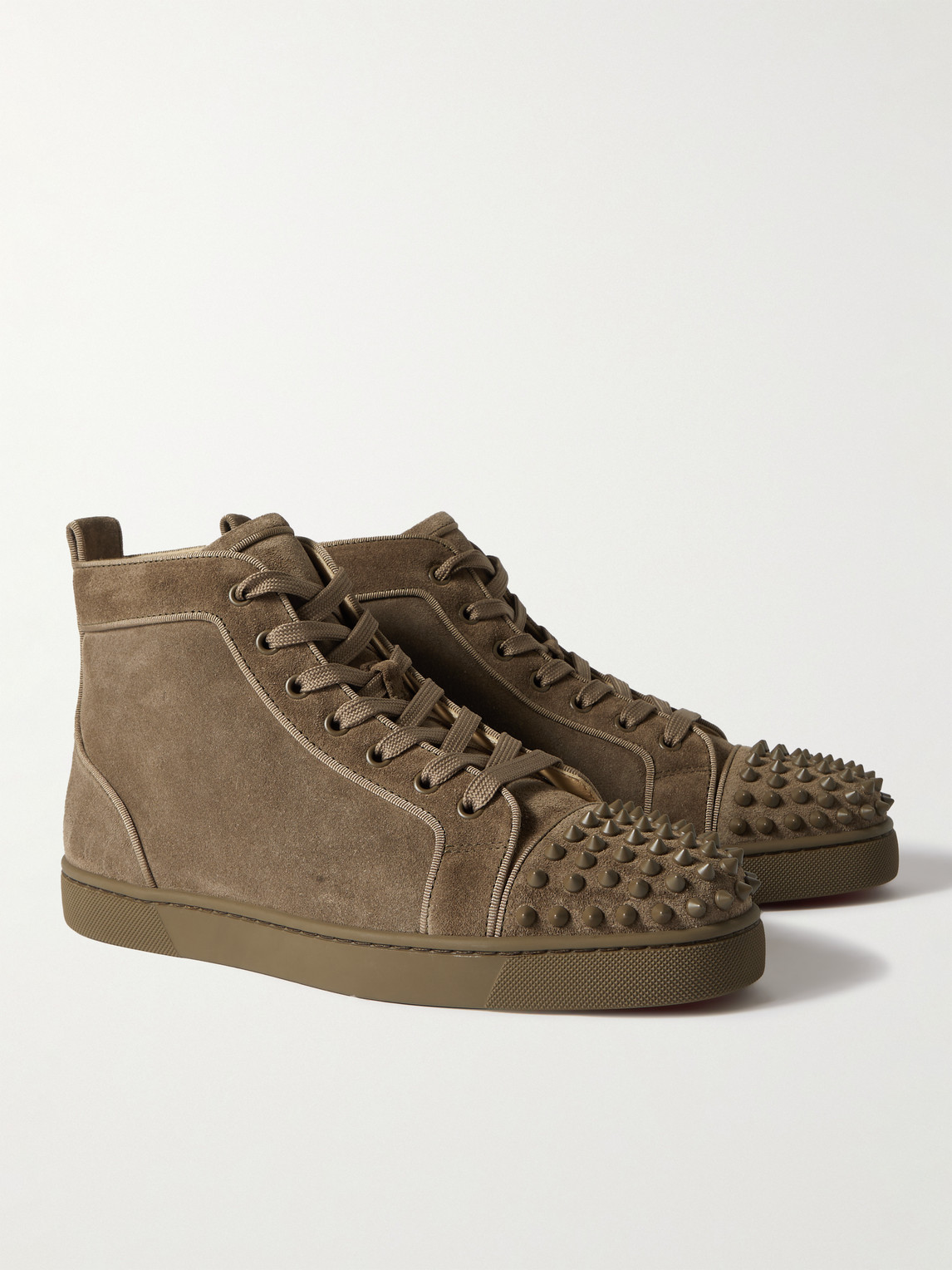 Shop Christian Louboutin Louis Grosgrain-trimmed Spiked Suede High-top Sneakers In Brown