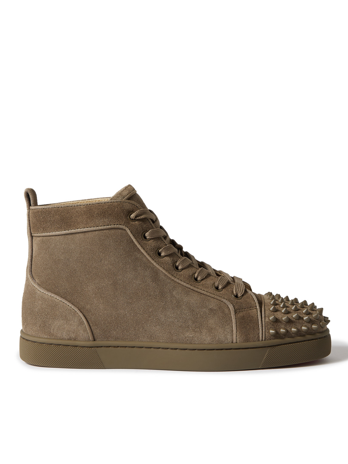 Shop Christian Louboutin Louis Grosgrain-trimmed Spiked Suede High-top Sneakers In Brown