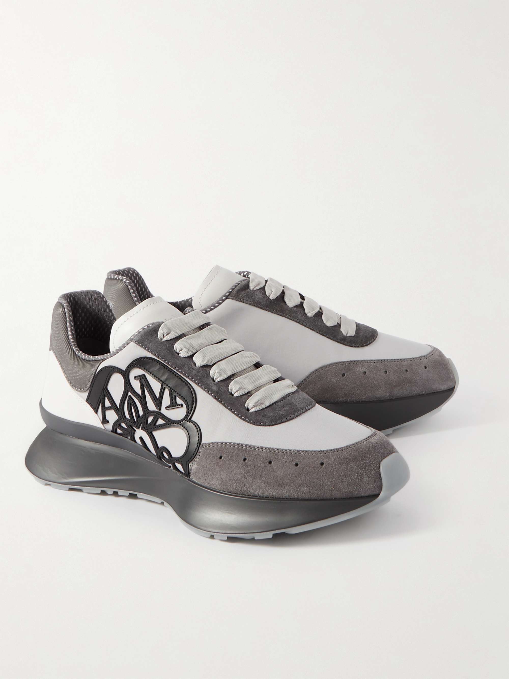 ALEXANDER MCQUEEN Sprint Runner Exaggerated-Sole Appliquéd Satin, Leather and Suede Sneakers