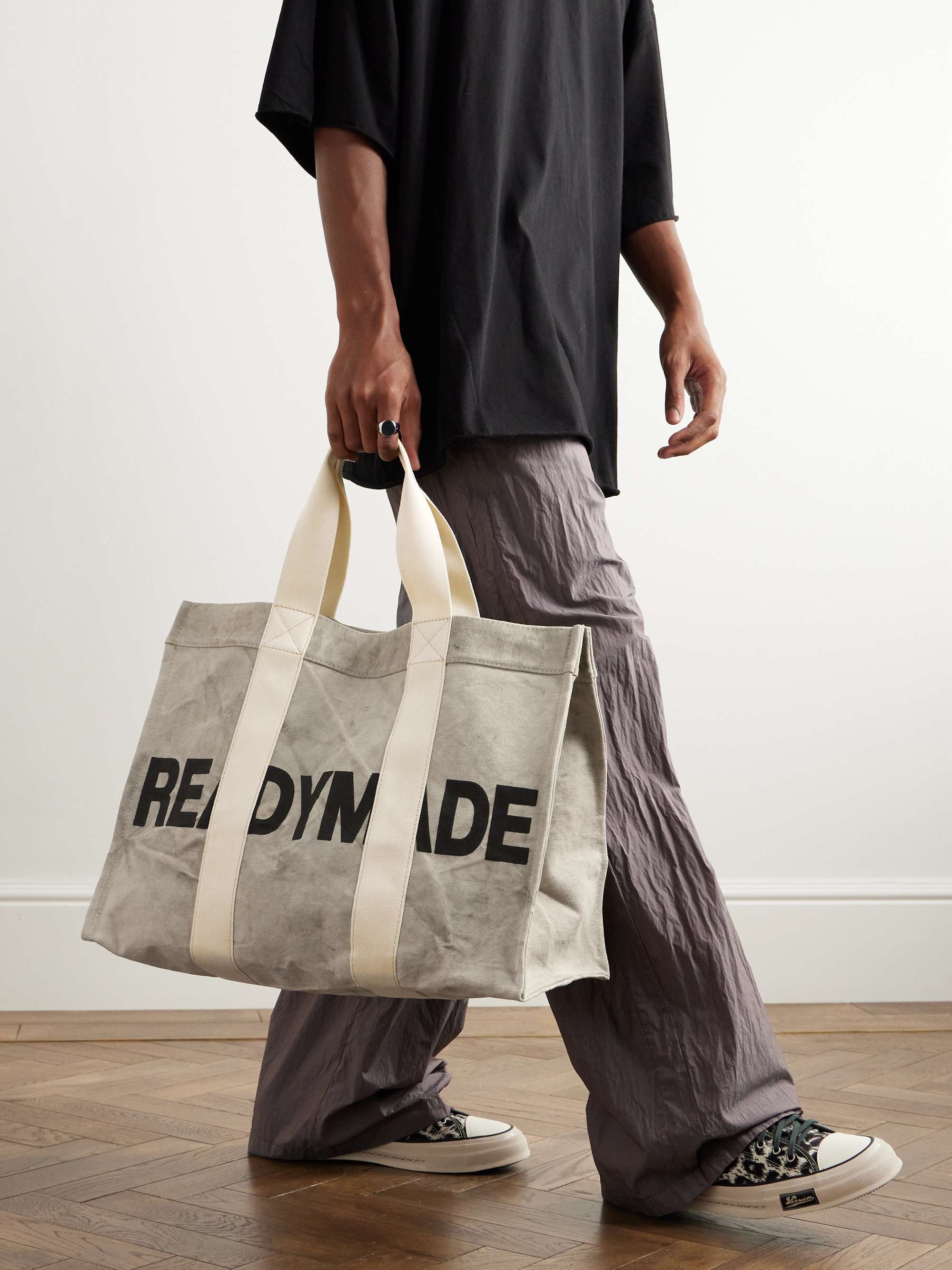 READYMADE Logo-Print Webbing-Trimmed Distressed Waxed Cotton-Canvas Tote Bag  for Men | MR PORTER