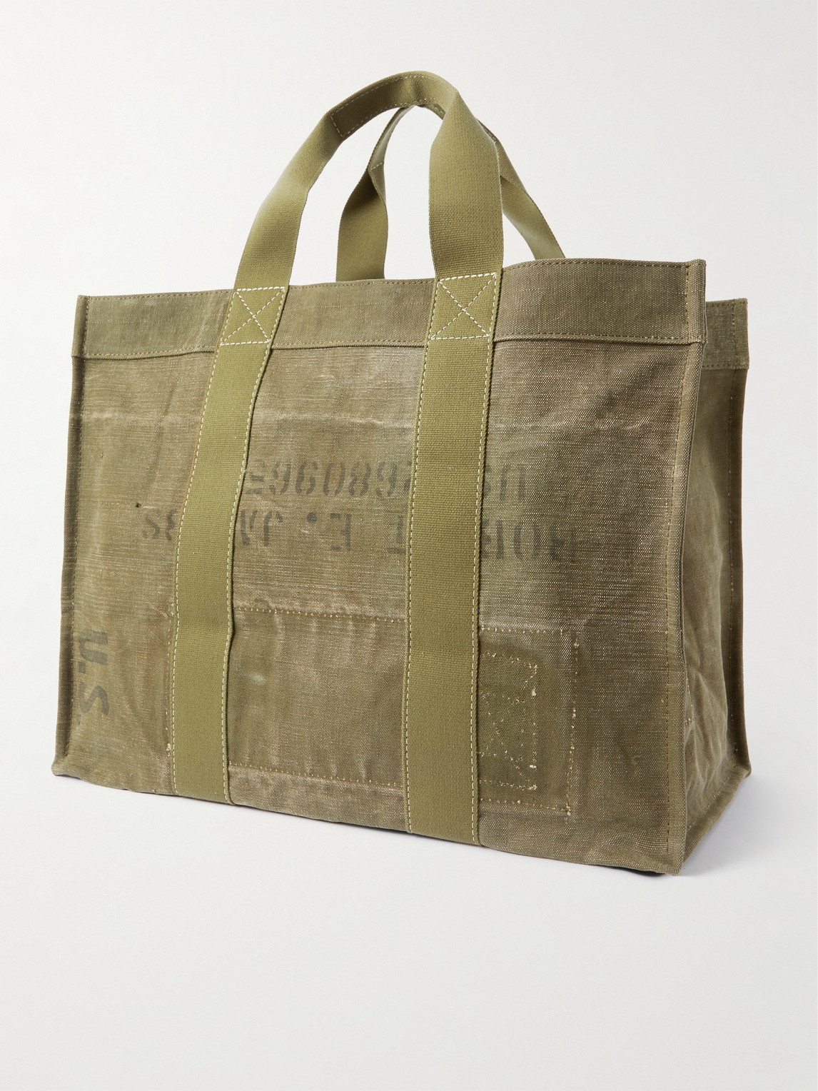 Shop Readymade Logo-print Webbing-trimmed Waxed Cotton-canvas Tote Bag In Green