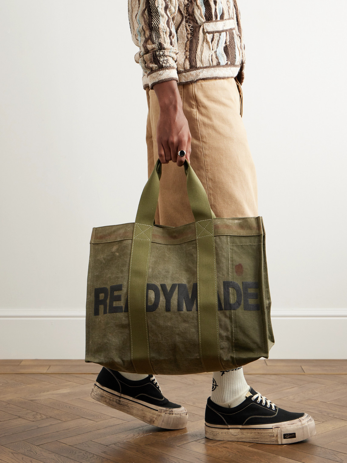 Shop Readymade Logo-print Webbing-trimmed Waxed Cotton-canvas Tote Bag In Green