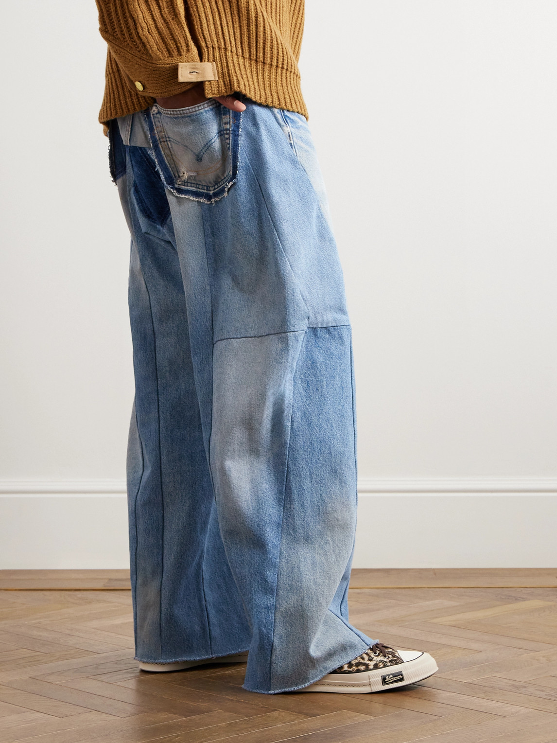 Shop Readymade Wide-leg Distressed Patchwork Jeans In Blue