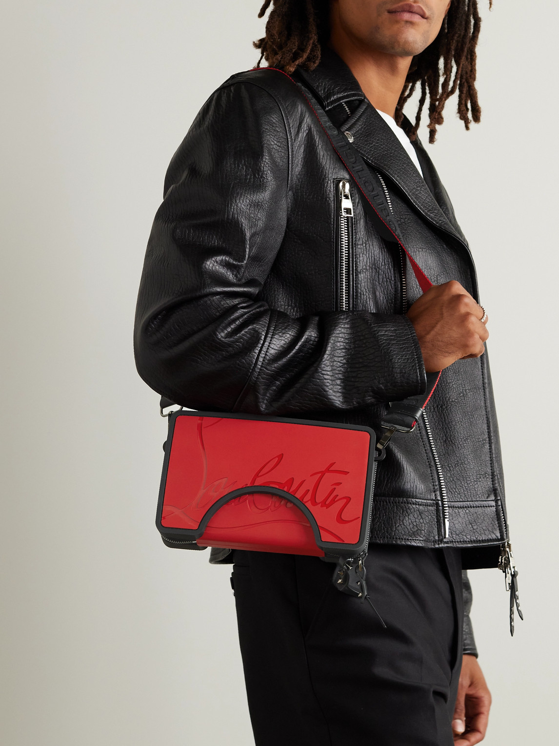 Shop Christian Louboutin Adolon Logo-debossed Leather And Rubber Messenger Bag In Red