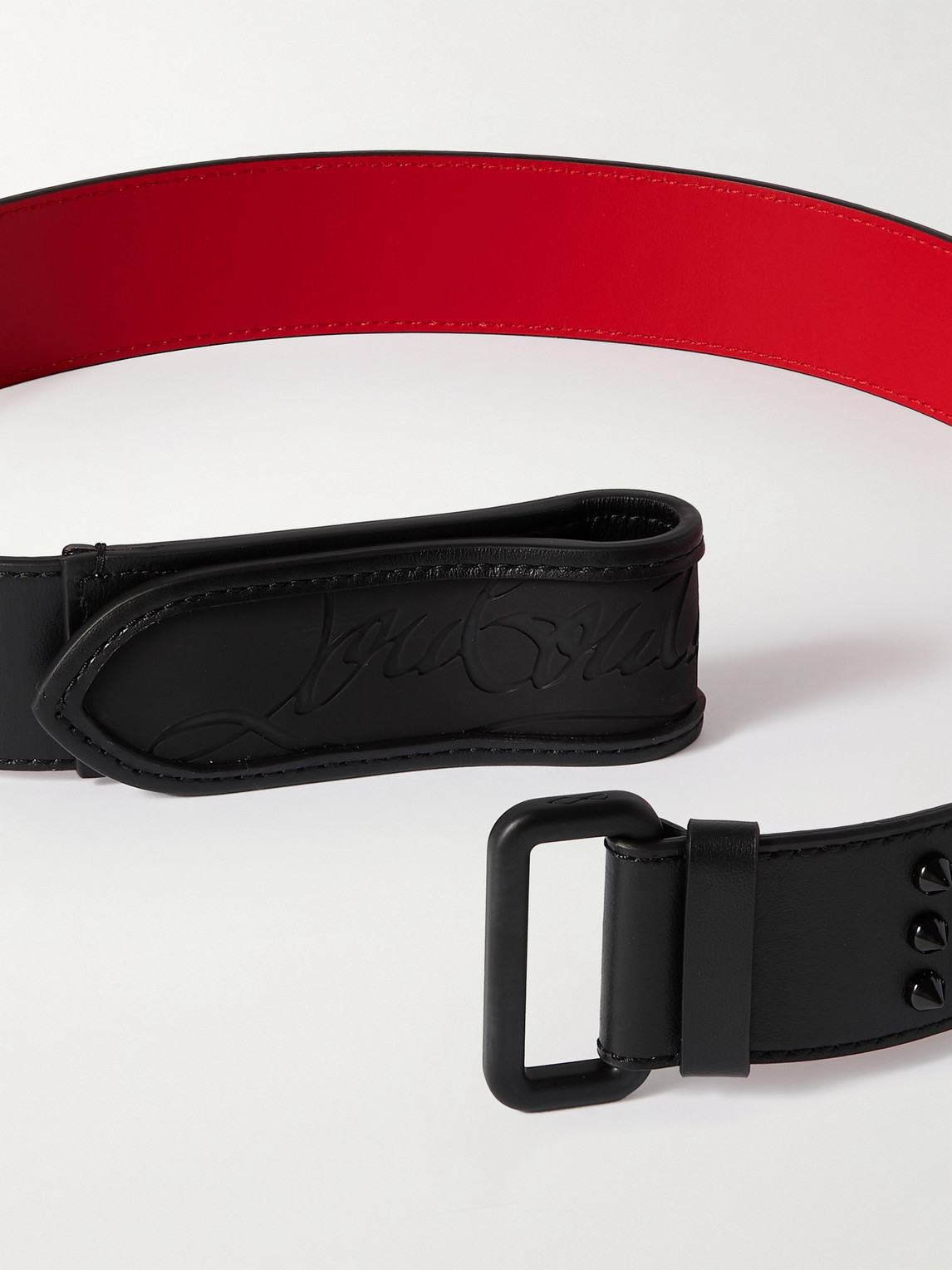 Shop Christian Louboutin 4cm Logo-debossed Studded Rubber-trimmed Leather Belt In Black