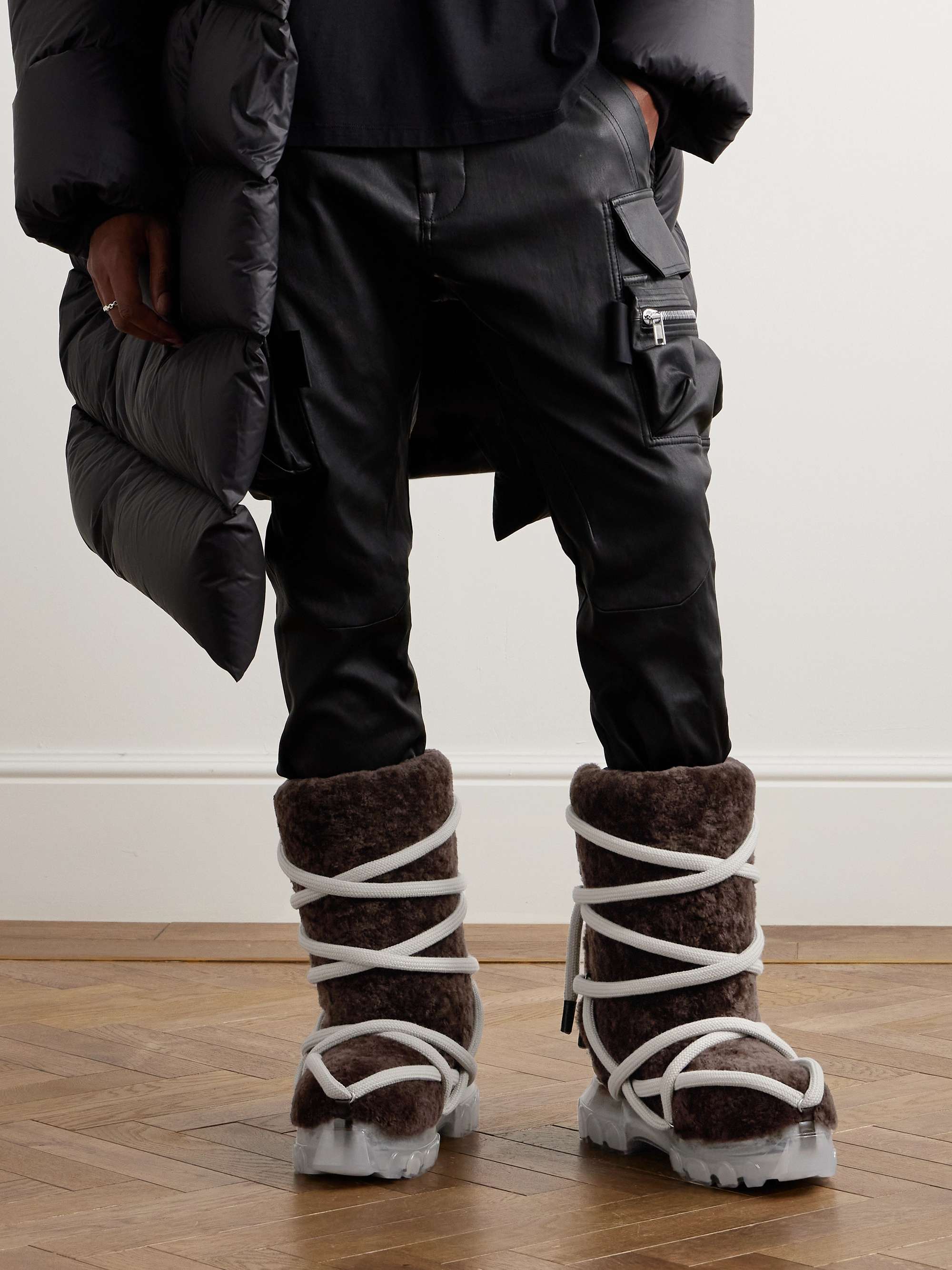 RICK OWENS Lunar Tractor Leather-Trimmed Shearling Boots for Men | MR ...