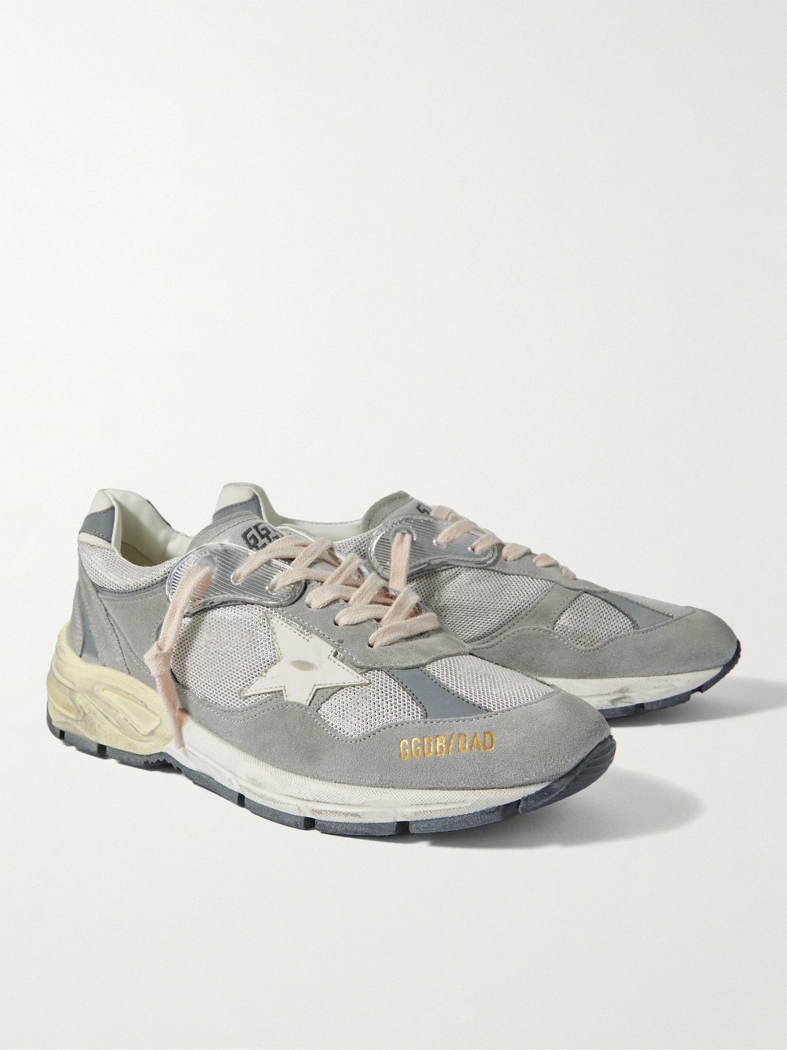 Shop Golden Goose Dad-star Distressed Leather-trimmed Suede And Mesh Sneakers In Gray