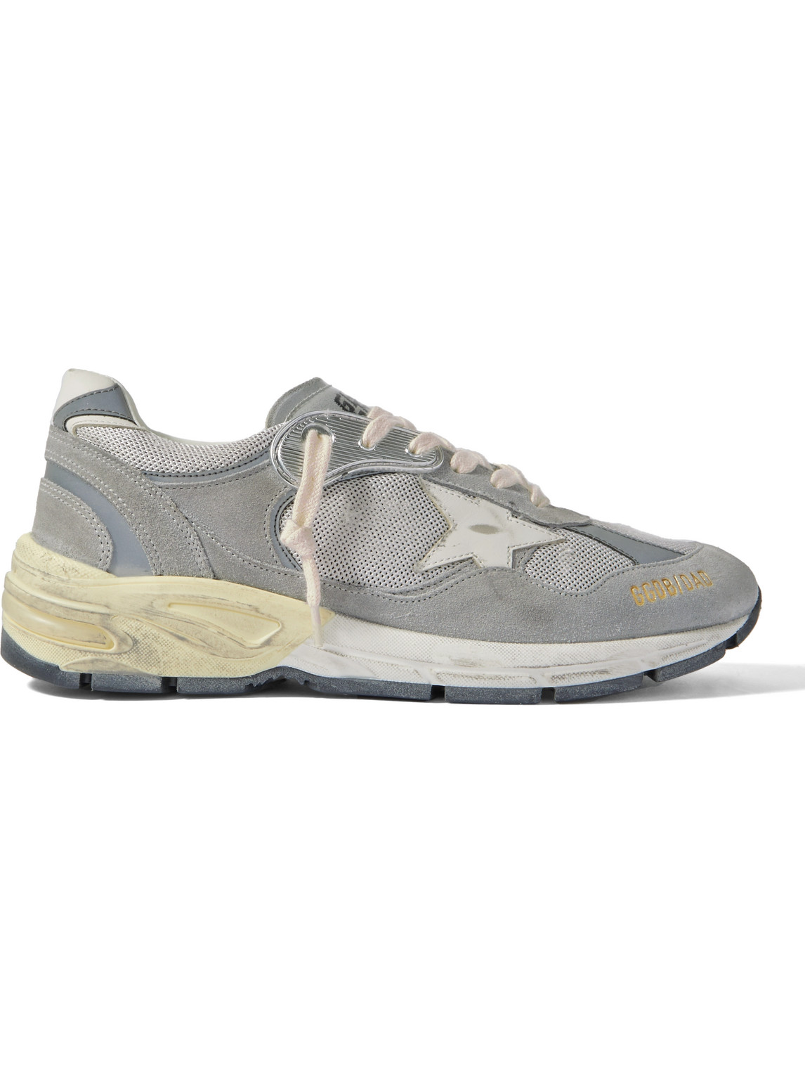 Shop Golden Goose Dad-star Distressed Leather-trimmed Suede And Mesh Sneakers In Gray