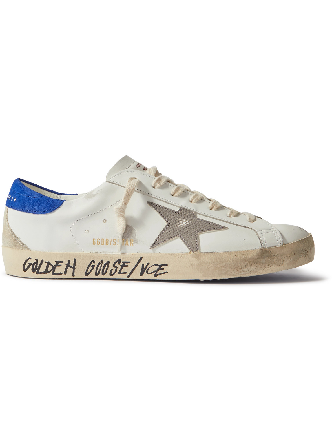 Shop Golden Goose Super-star Distressed Printed Suede-trimmed Leather Sneakers In White