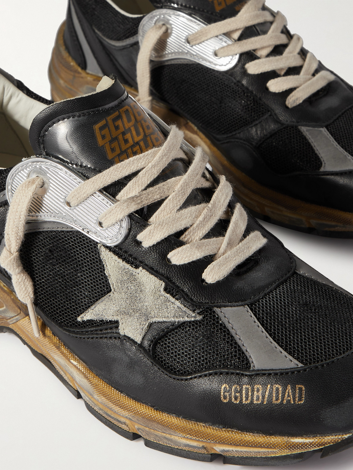 Shop Golden Goose Running Dad Distressed Scuba And Leather-trimmed Mesh And Suede Sneakers In Black