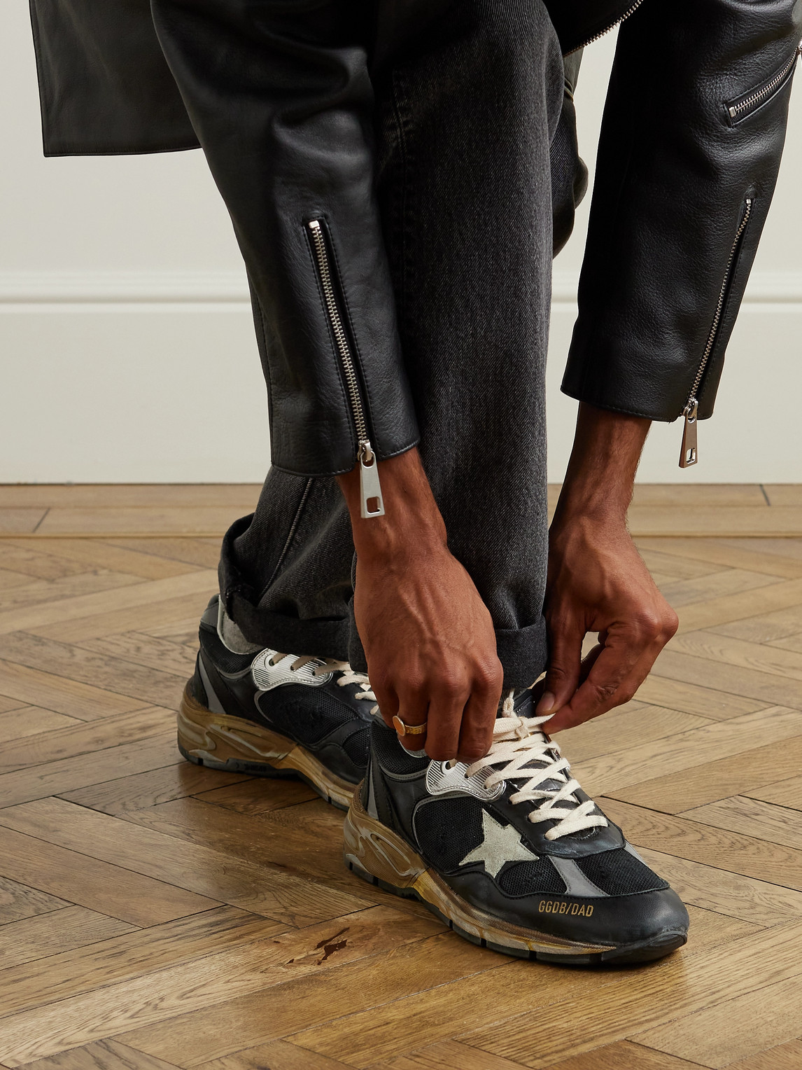 Shop Golden Goose Running Dad Distressed Scuba And Leather-trimmed Mesh And Suede Sneakers In Black