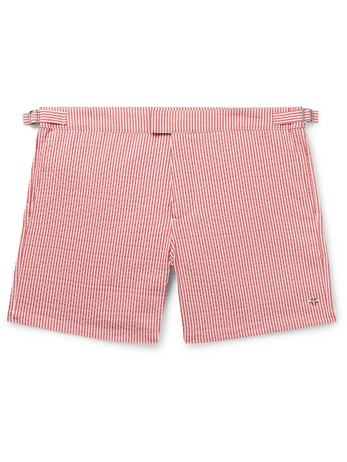 Schooner Straight-Leg Mid-Length Striped Seersucker Swim Shorts