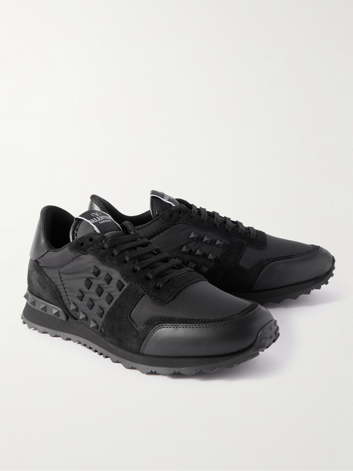 Shop Valentino Rockstud Leather, Suede And Shell Sneakers In Black