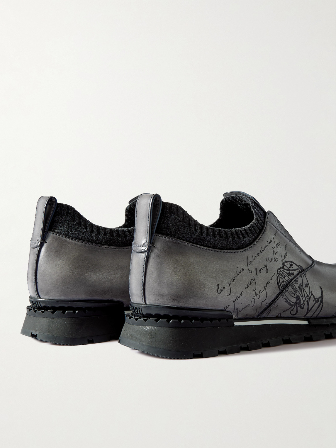 Shop Berluti Scritto Cashmere-trimmed Venezia Leather Slip-on Sneakers In Gray