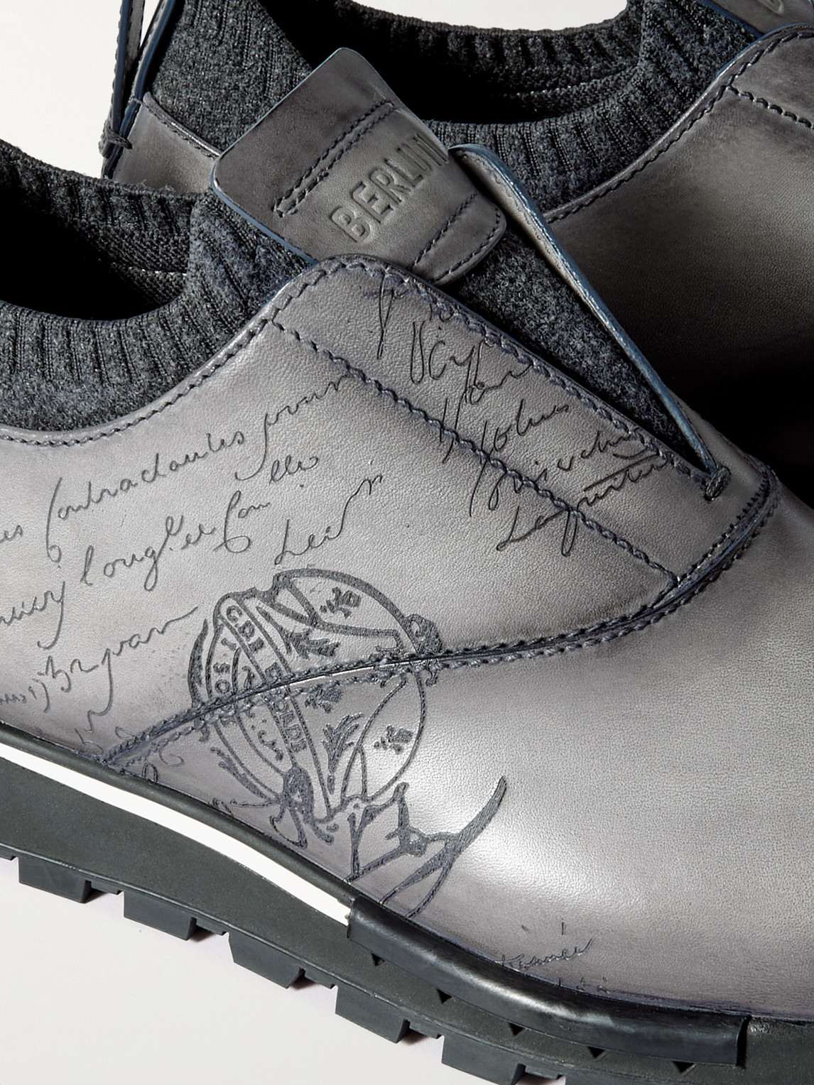 Shop Berluti Scritto Cashmere-trimmed Venezia Leather Slip-on Sneakers In Gray
