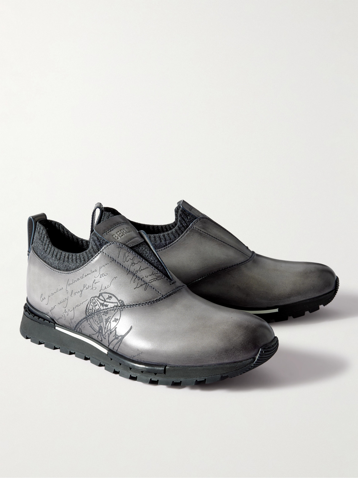 Shop Berluti Scritto Cashmere-trimmed Venezia Leather Slip-on Sneakers In Gray