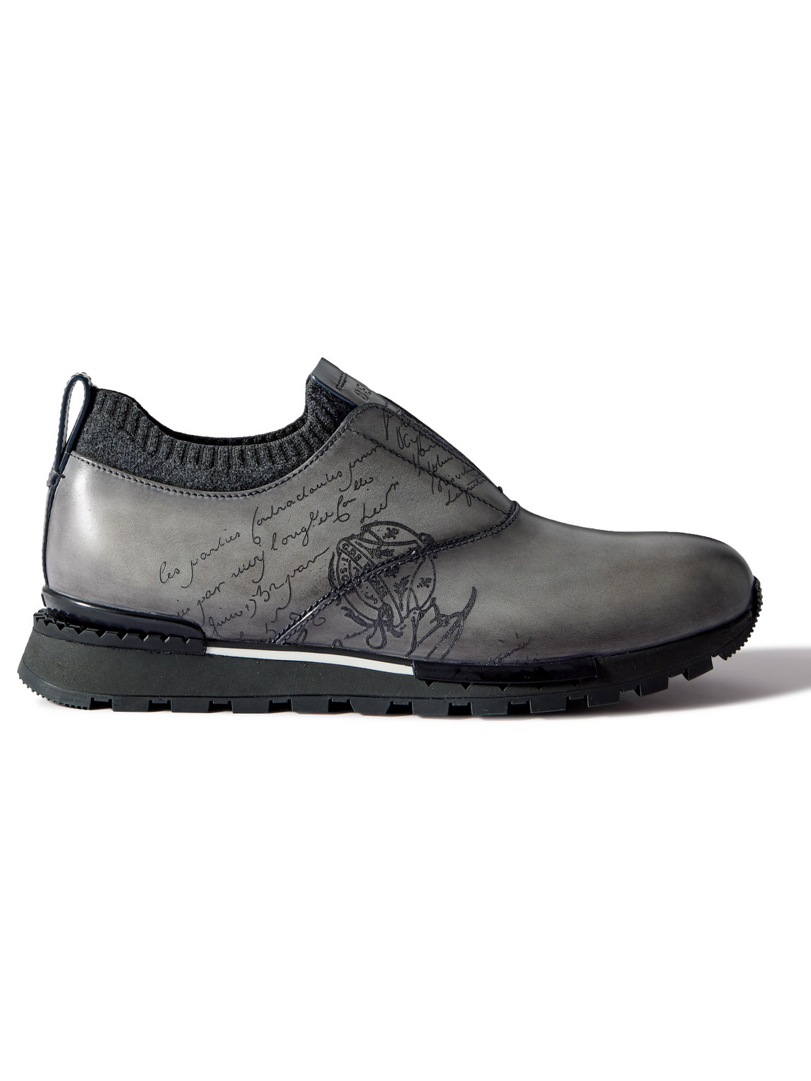 Berluti Scritto Cashmere-trimmed Venezia Leather Slip-on Sneakers In Gray