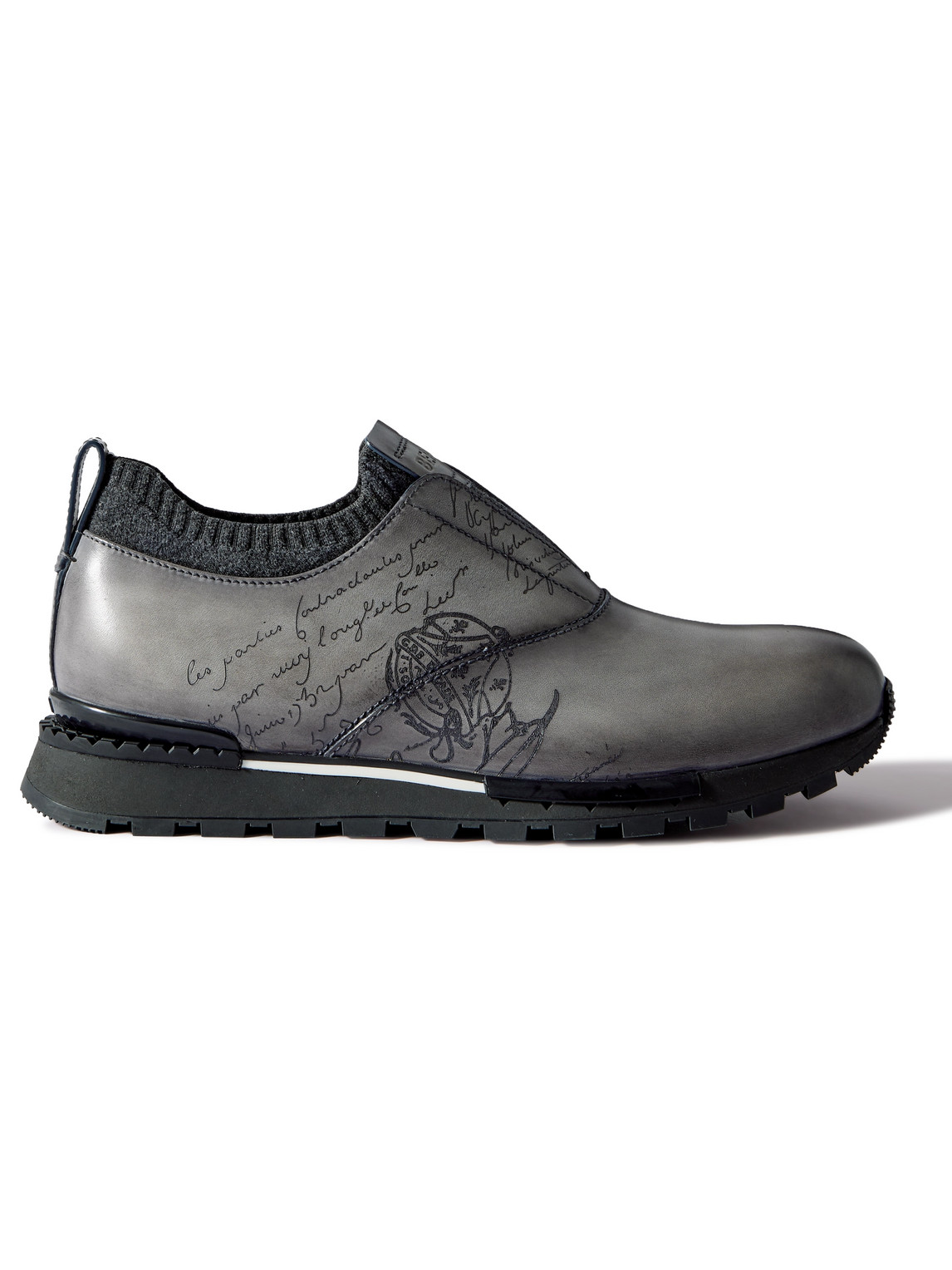 Berluti Scritto Cashmere-trimmed Venezia Leather Slip-on Trainers In Grey