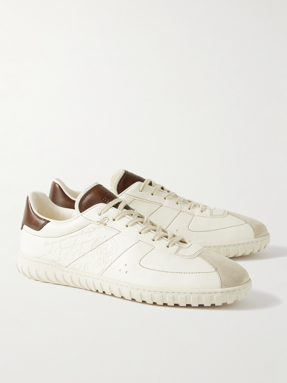 Shop Berluti Trainer Scritto Suede-trimmed Venezia Leather Sneakers In Neutrals