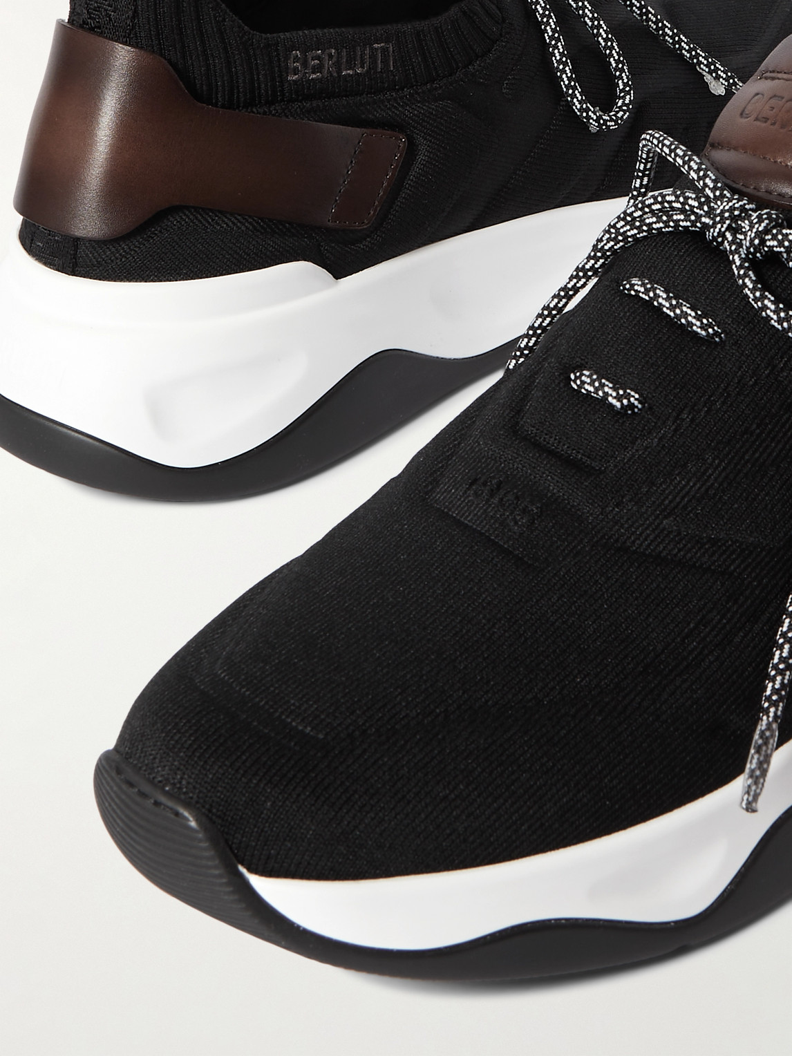 Shop Berluti Shadow Venezia Leather-trimmed Stretch-knit Sneakers In Black