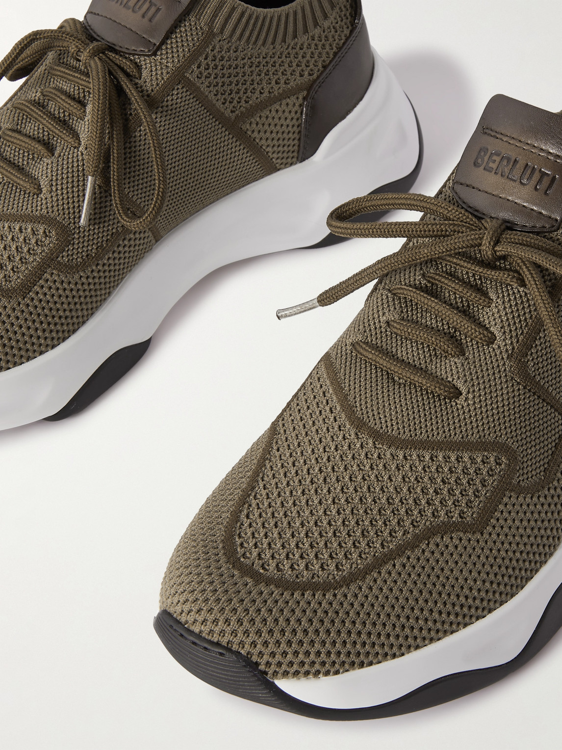 Shop Berluti Shadow Venezia Leather-trimmed Stretch-knit Sneakers In Brown