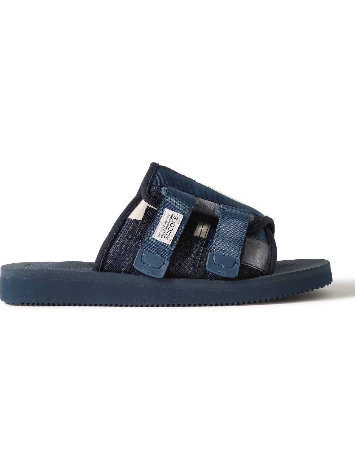 SUICOKE KAW-VS WEBBING AND SUEDE-TRIMMED DENIM SANDALS