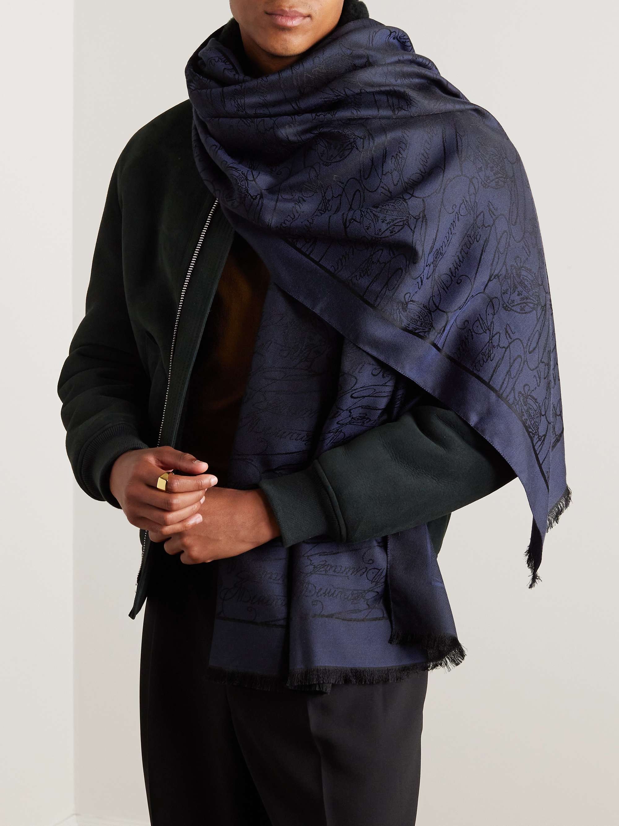 Berluti - Men - Scritto Arabesque Frayed Mulberry Silk and Cashmere-Blend Jacquard Scarf Blue