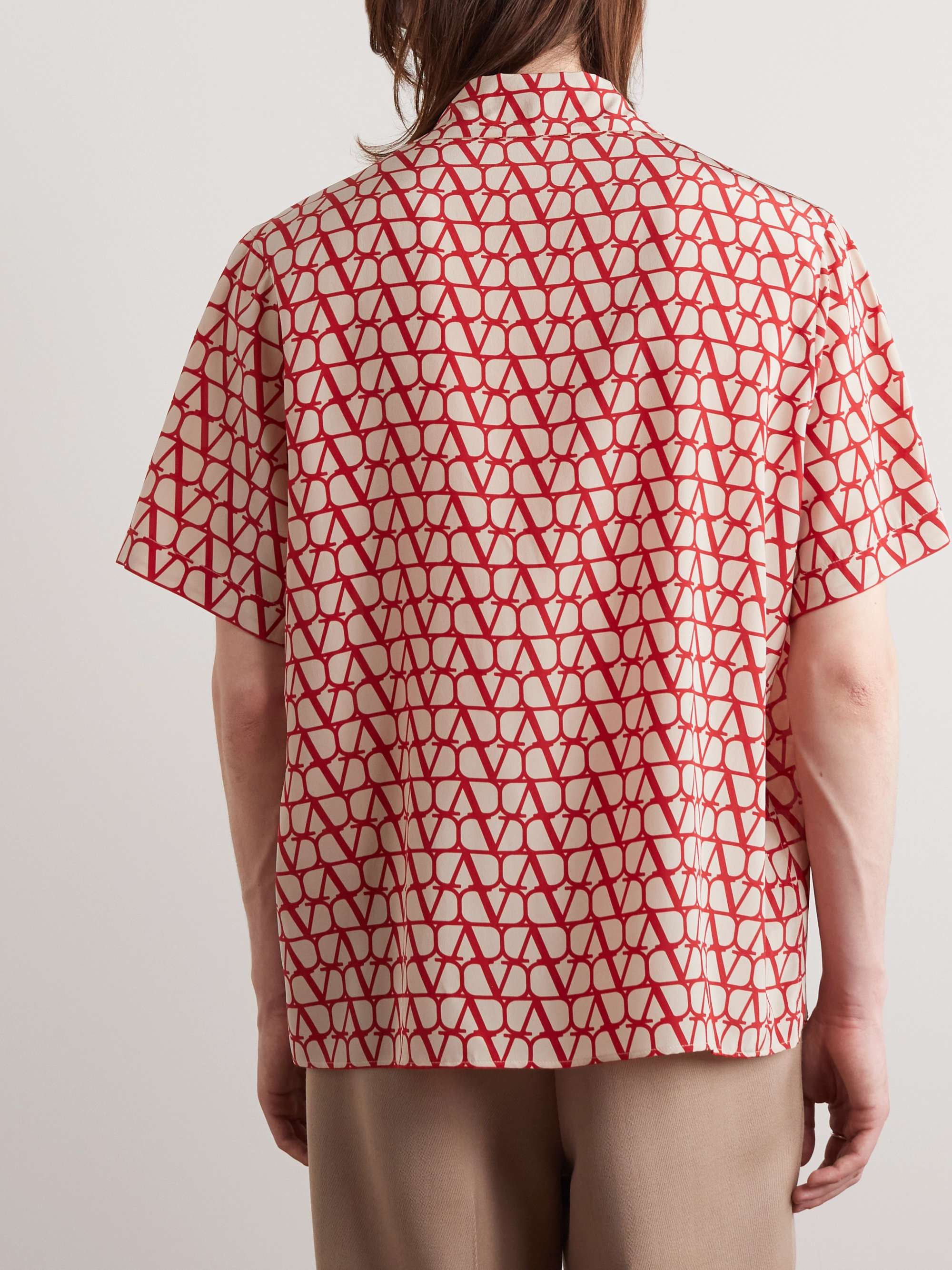 VALENTINO Camp-Collar Logo-Print Silk Crepe de Chine Shirt
