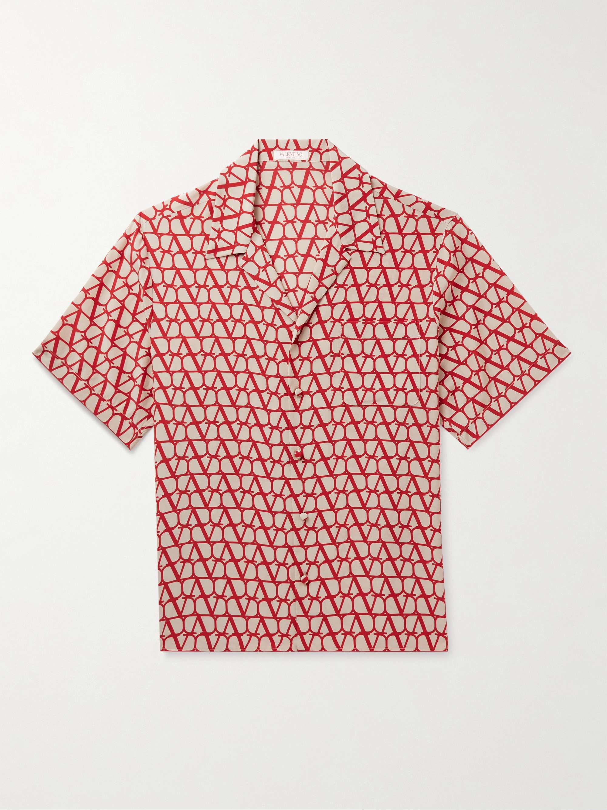 VALENTINO Camp-Collar Logo-Print Silk Crepe de Chine Shirt