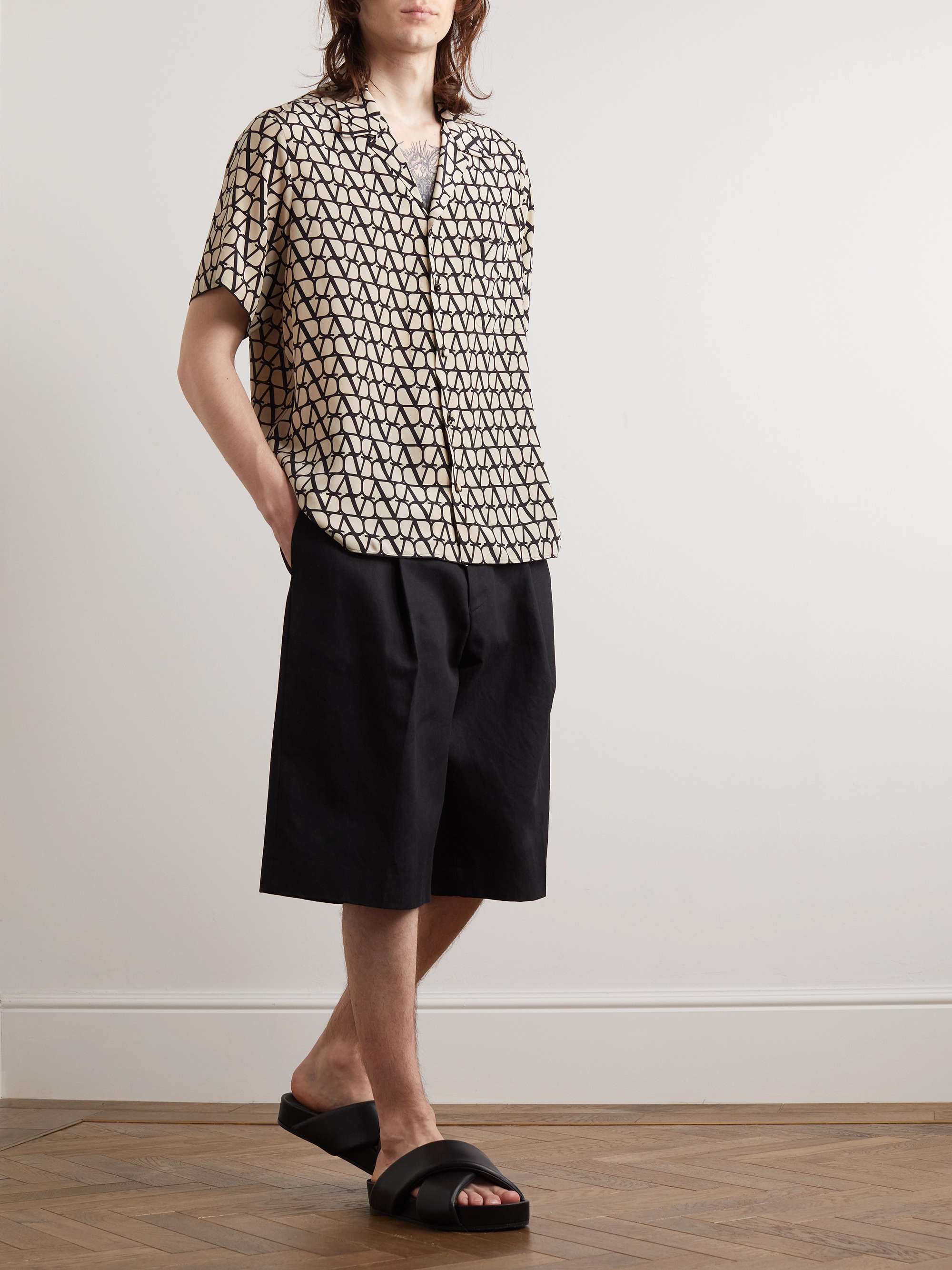 VALENTINO GARAVANI Camp-Collar Logo-Print Silk Crepe de Chine Shirt