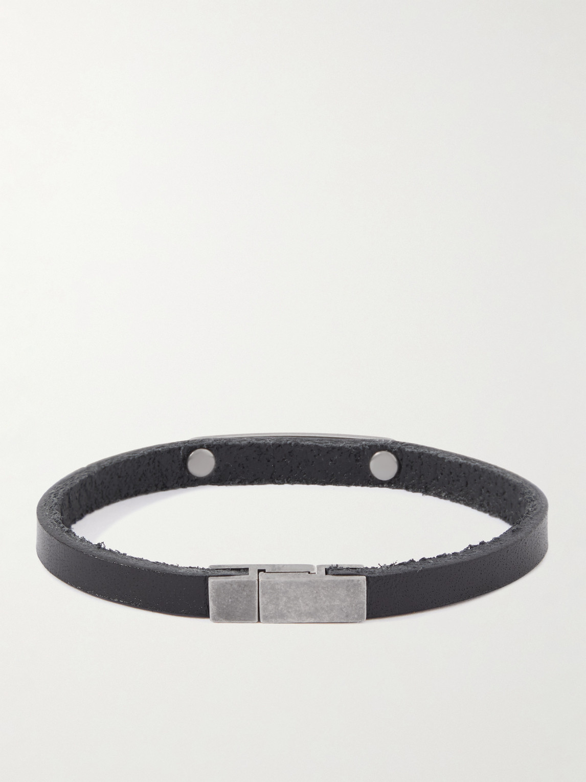 Saint Laurent Id Logo-engraved Brushed Palladium And Leather Bracelet In Black