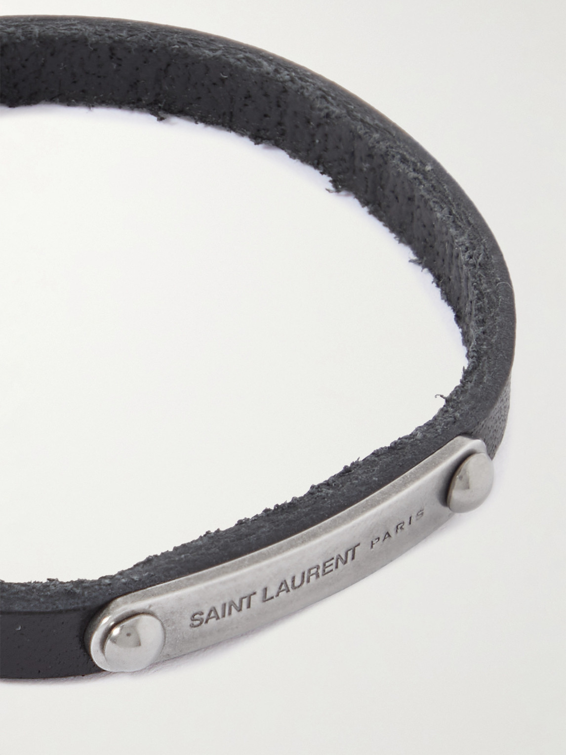 Saint Laurent Id Logo-engraved Brushed Palladium And Leather Bracelet In Black
