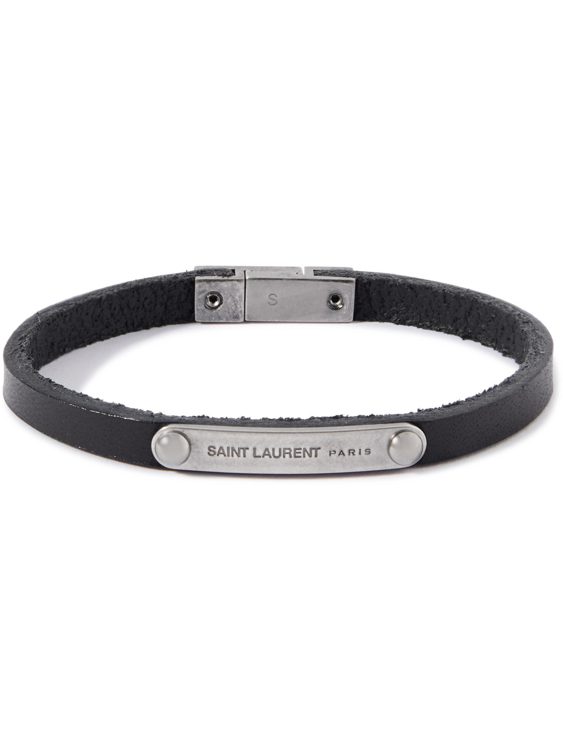 Shop Saint Laurent Leather And Palladium Bracelet In Black