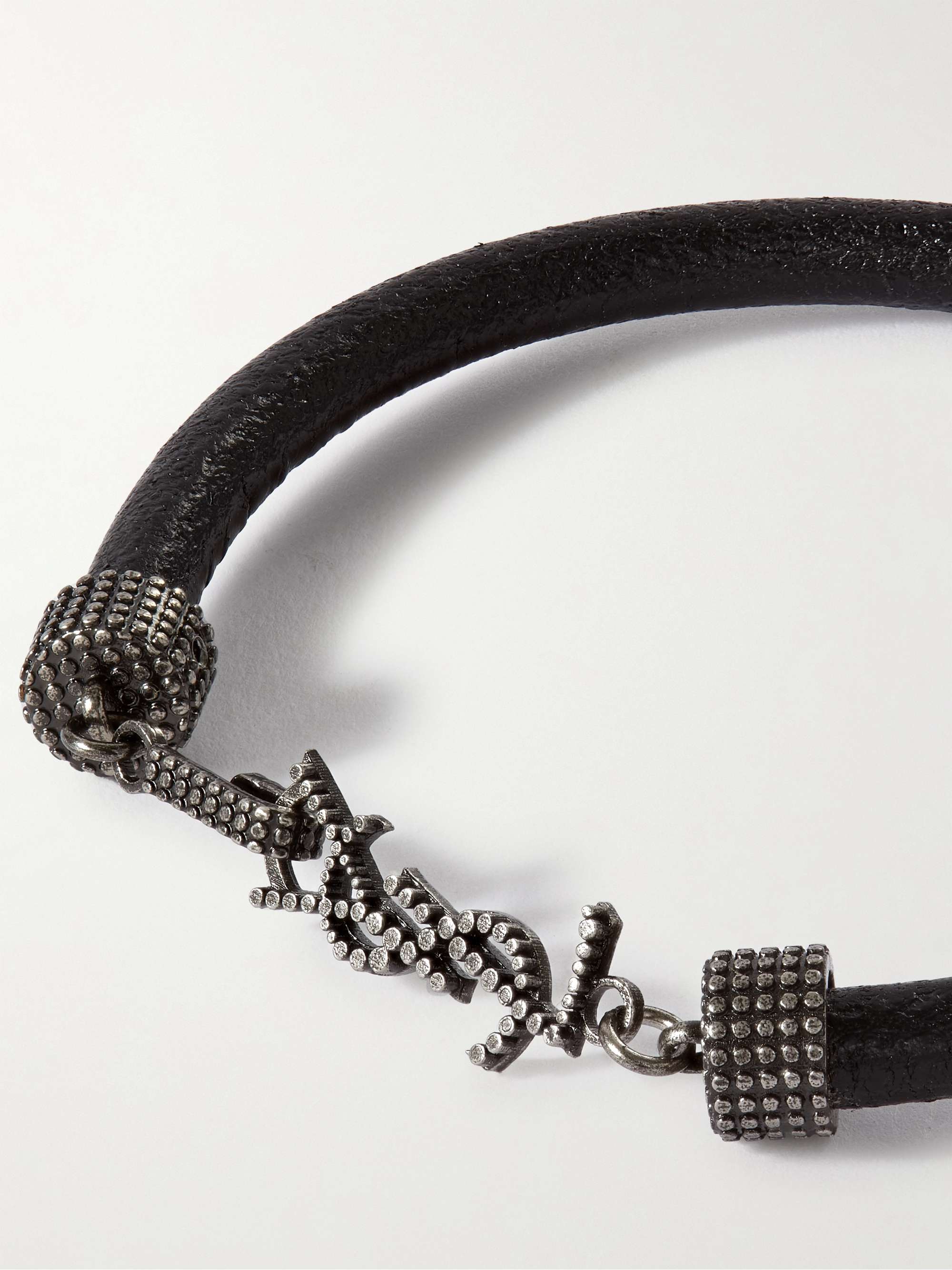 SAINT LAURENT Textured-Leather and Silver-Tone Bracelet for