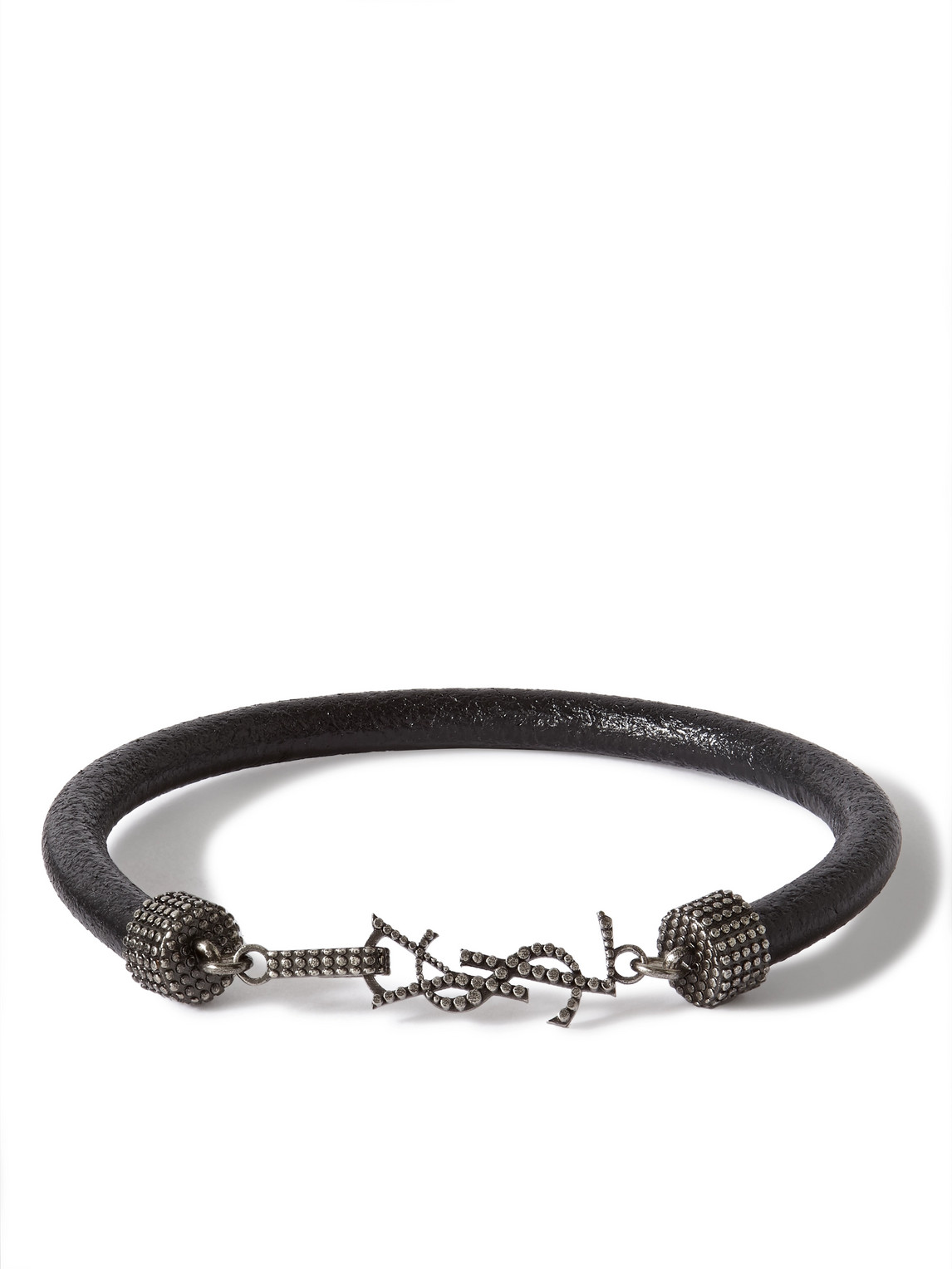 Saint Laurent Textured-leather And Silver-tone Bracelet In Black