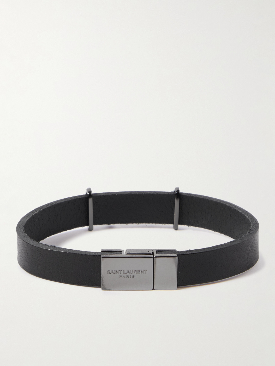 Shop Saint Laurent Opyum Leather And Silver-tone Bracelet In Black