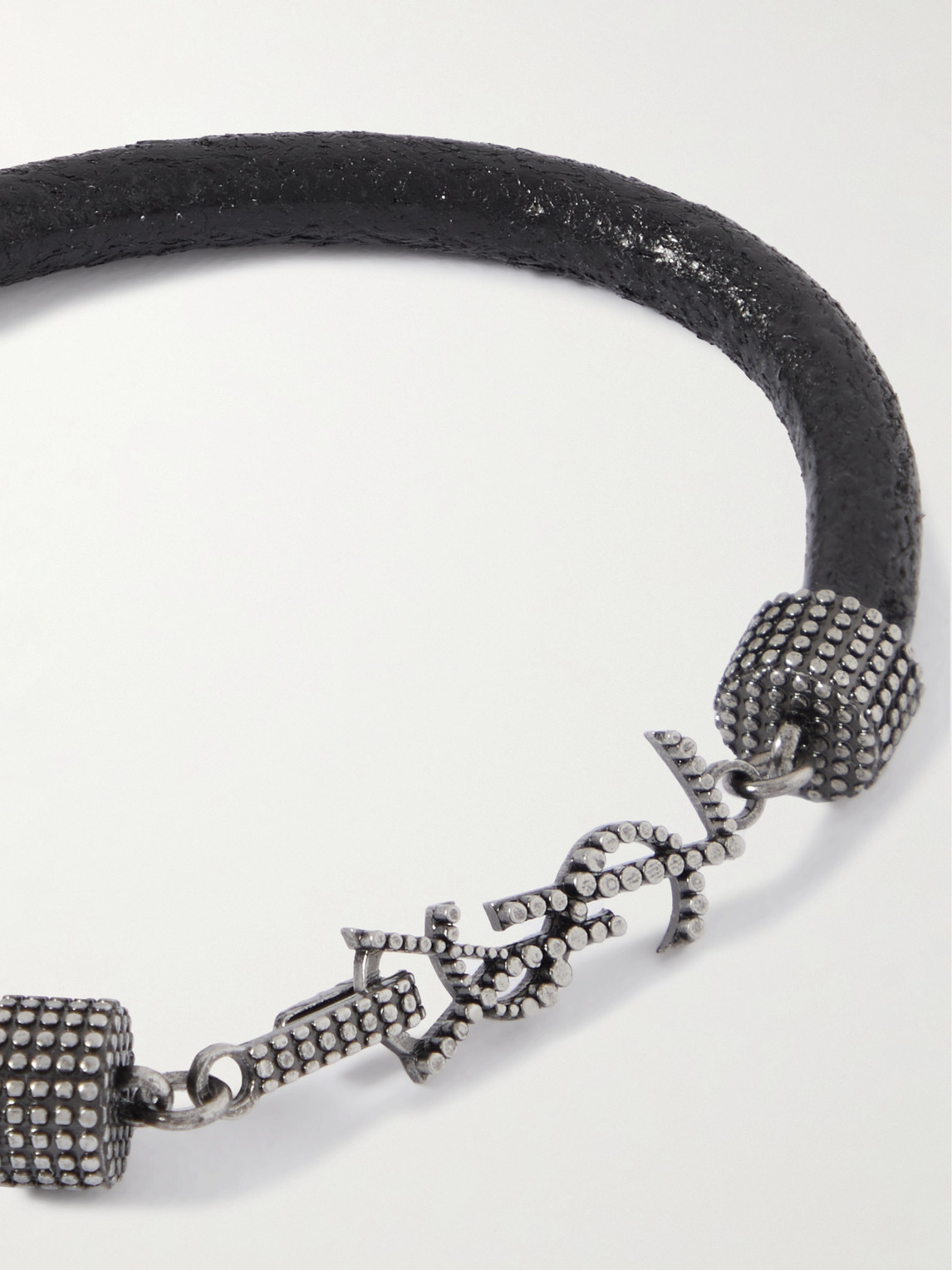 Shop Saint Laurent Logo-embellished Textured-leather And Silver-tone Bracelet In Black