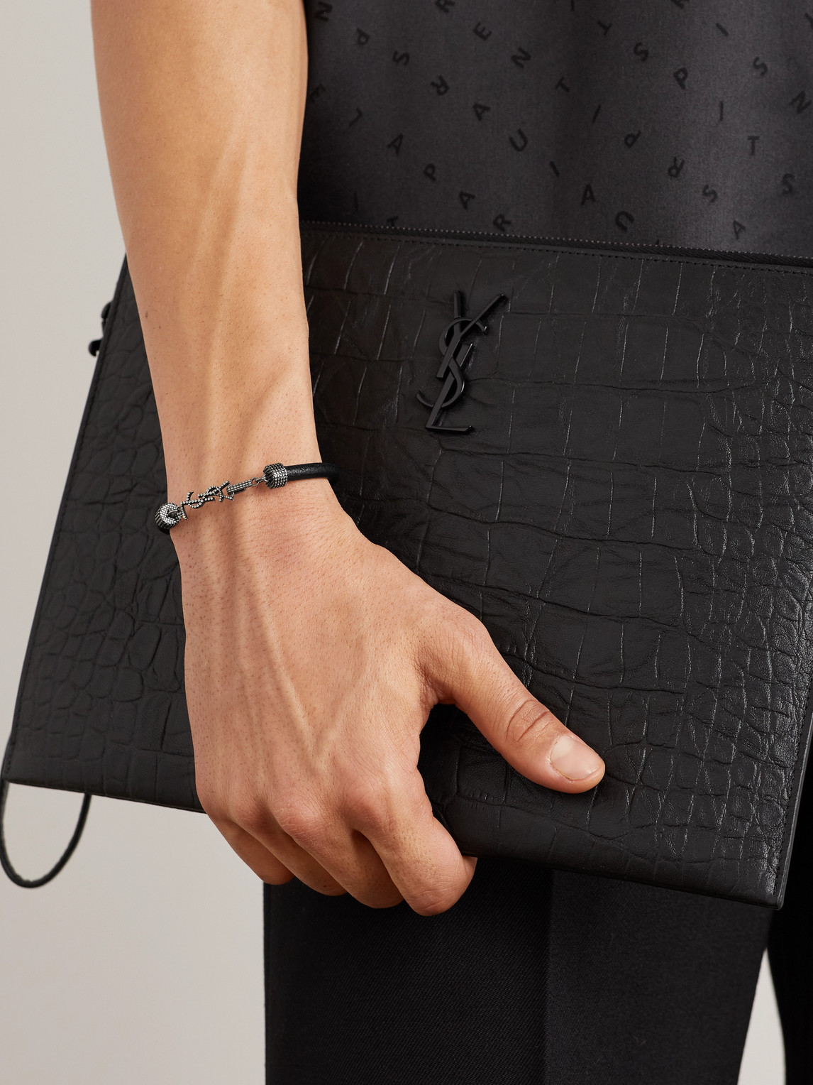 Shop Saint Laurent Logo-embellished Textured-leather And Silver-tone Bracelet In Black