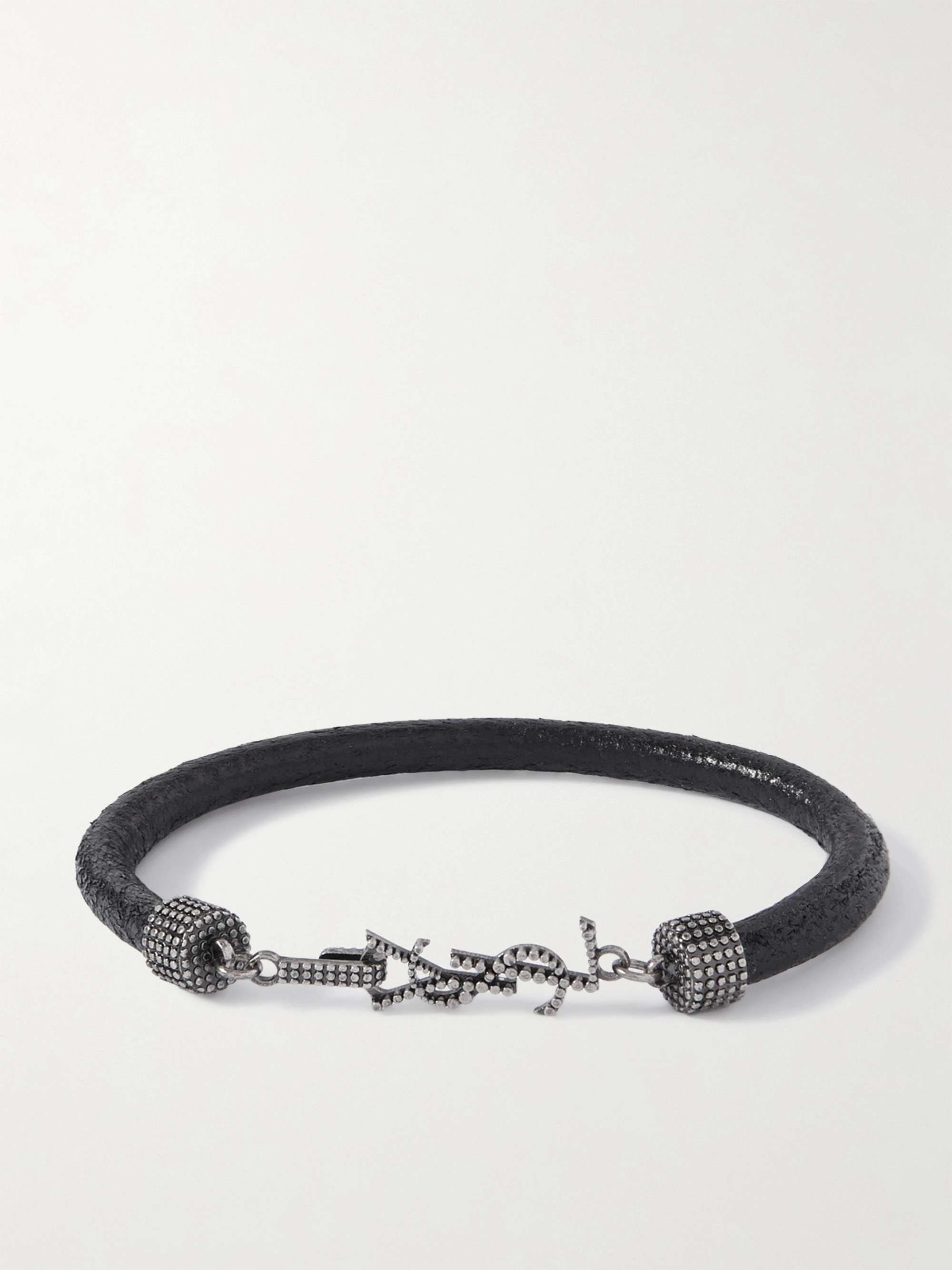 Saint Laurent - Men - Logo-embellished Textured-leather and Silver-Tone Bracelet Black - M