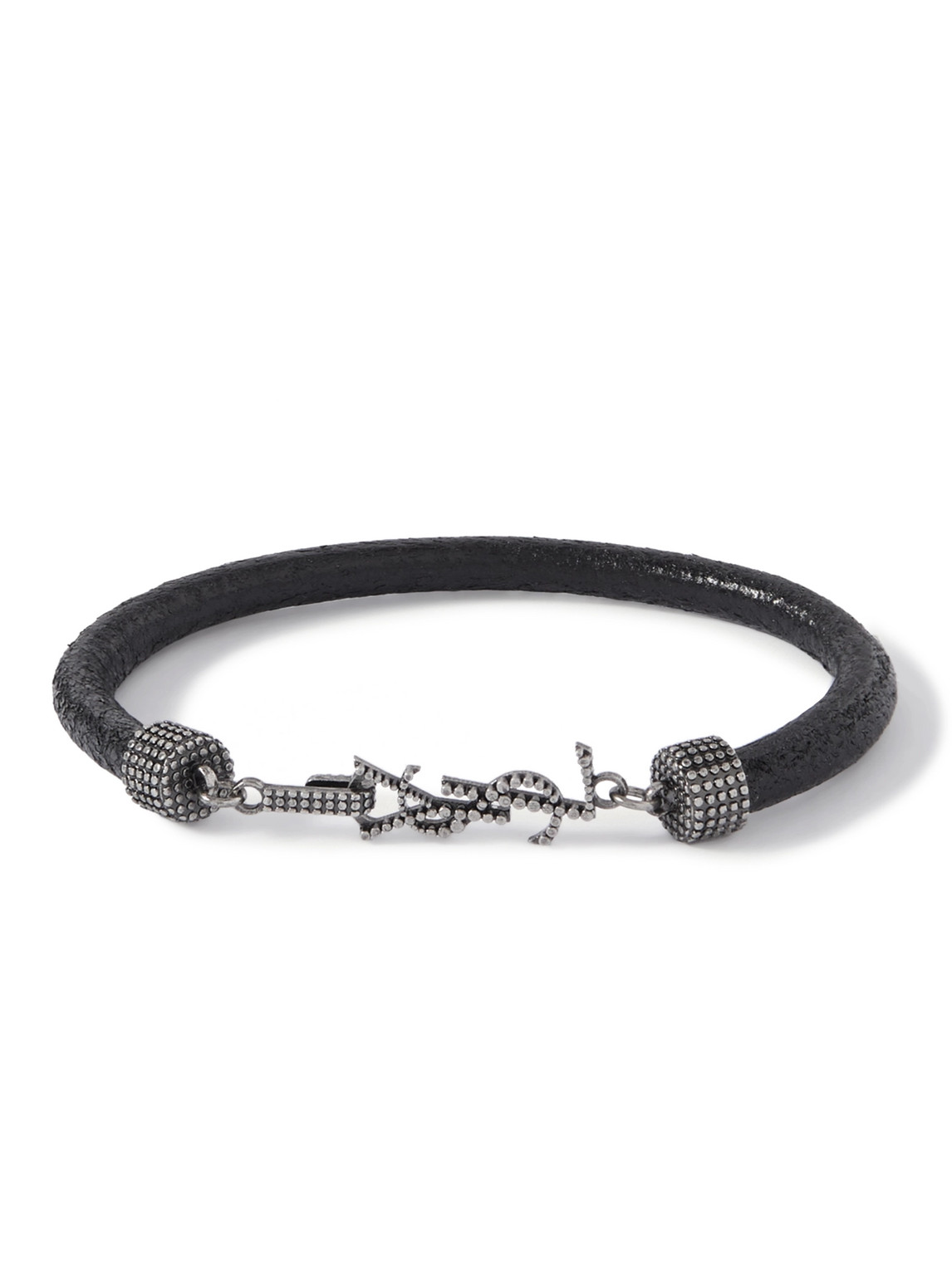 Shop Saint Laurent Logo-embellished Textured-leather And Silver-tone Bracelet In Black