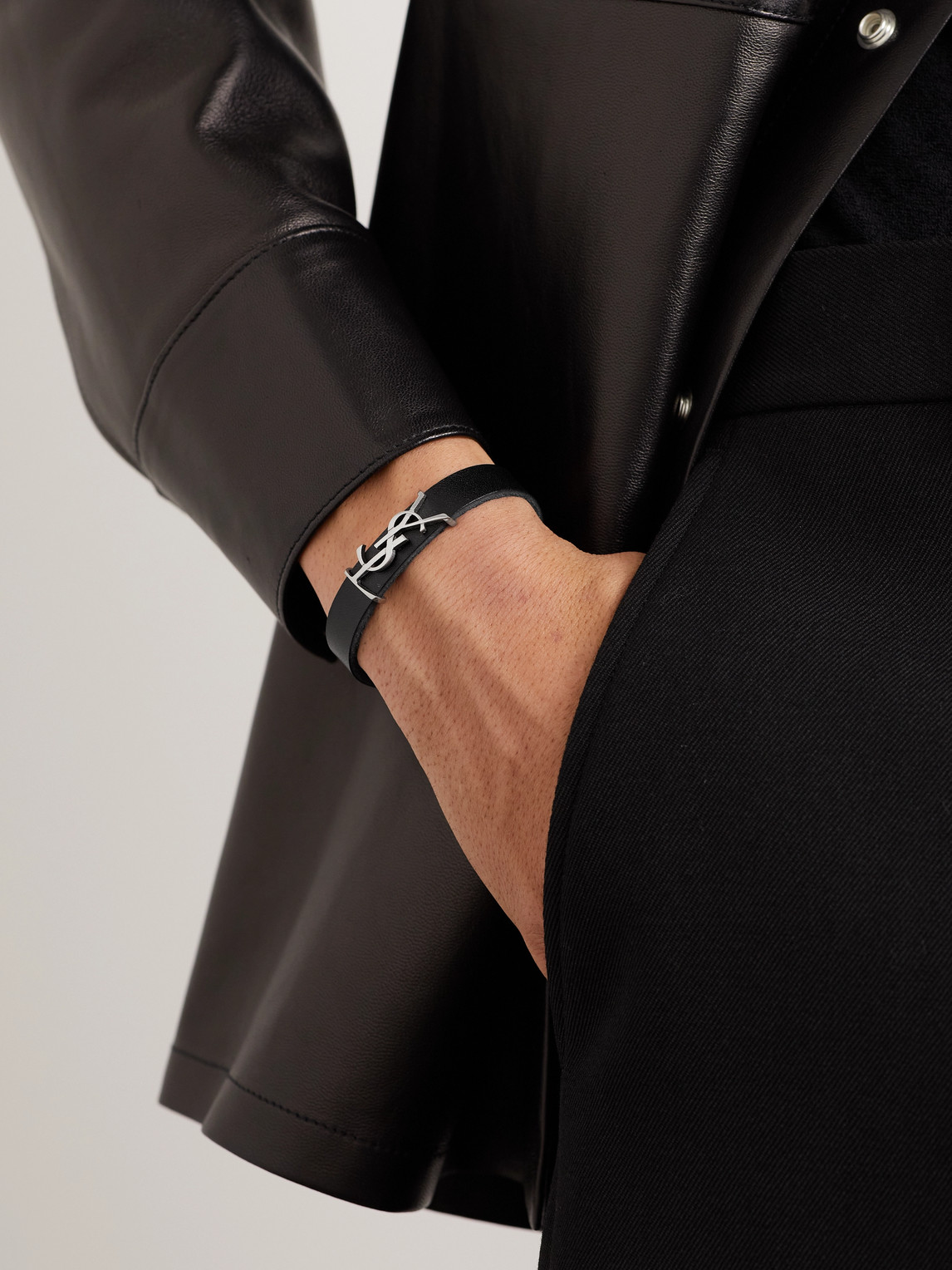 Shop Saint Laurent Opyum Leather And Silver-tone Bracelet In Black