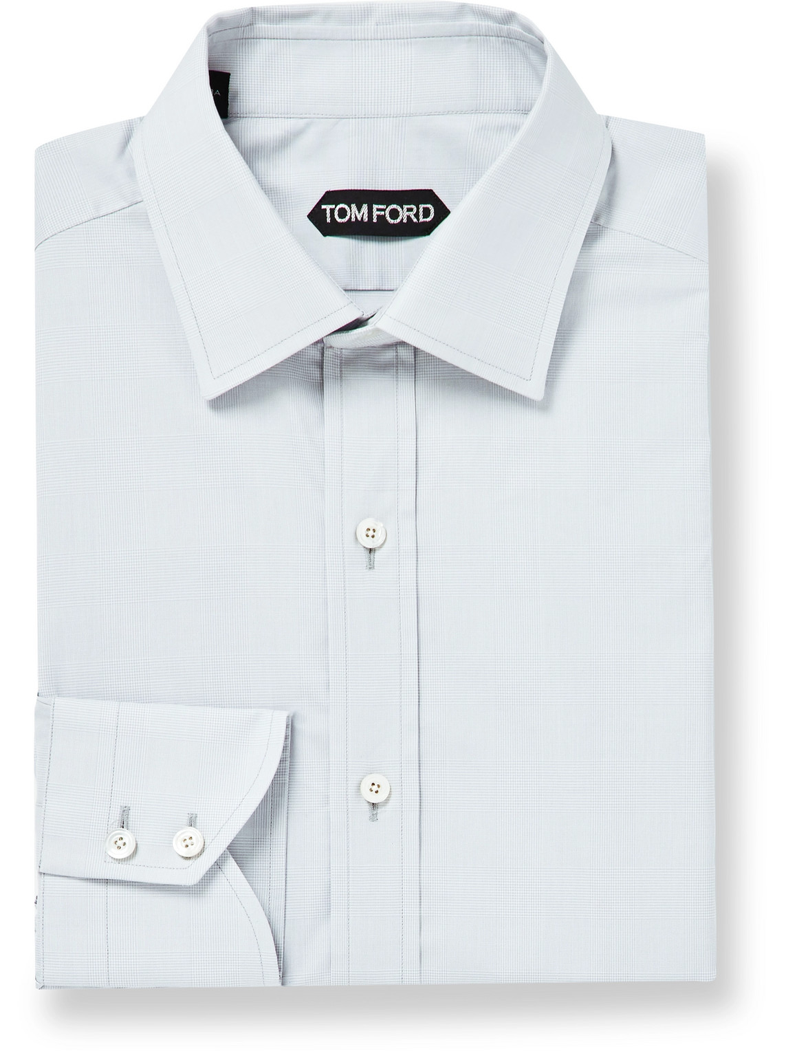 Tom Ford Cutaway-collar Prince Of Wales Checked Cotton-poplin Shirt In Gray