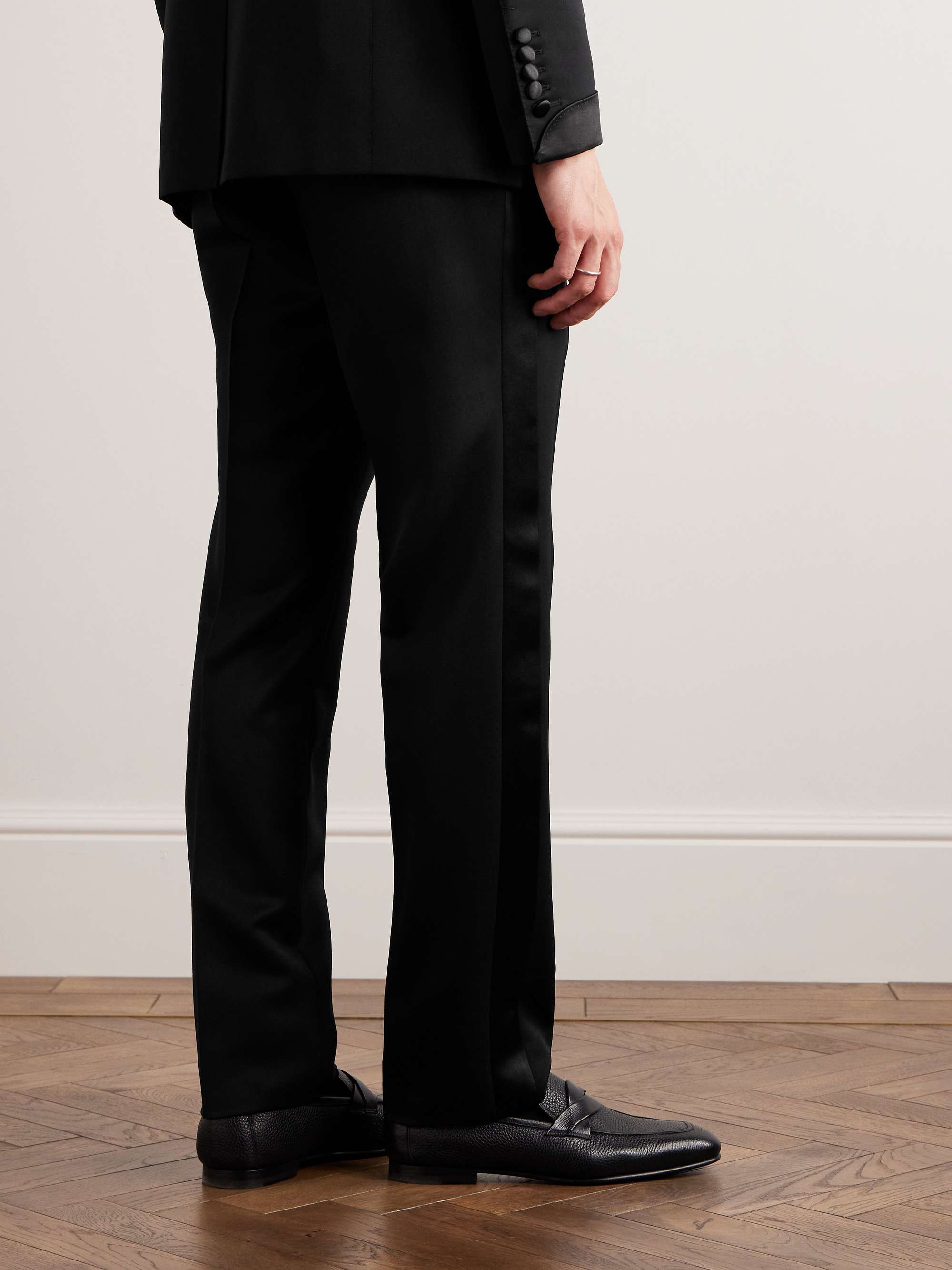 TOM FORD Straight-Leg Pleated Satin-Trimmed Grain De Poudre Wool and ...