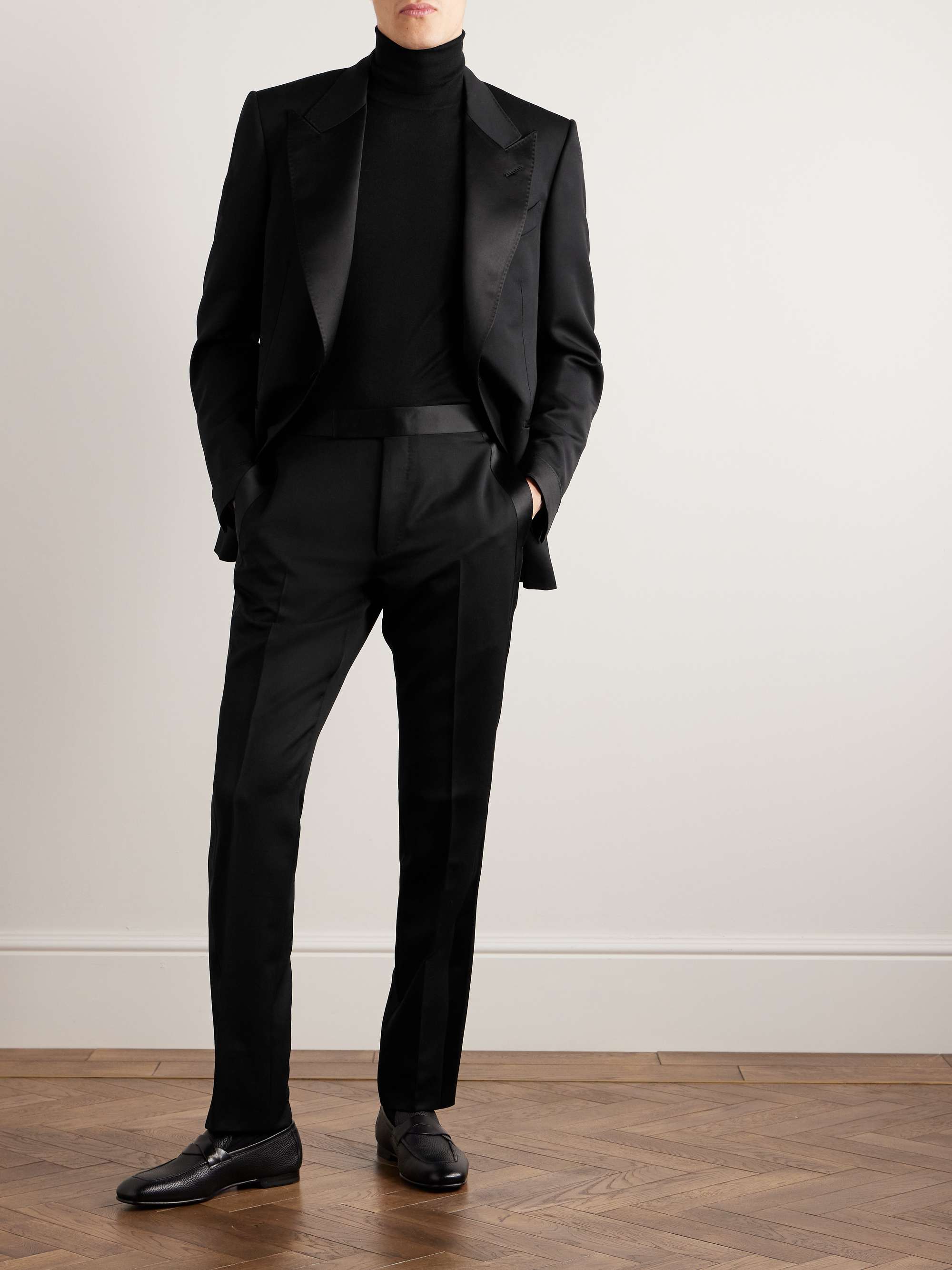 TOM FORD Straight-Leg Pleated Satin-Trimmed Grain De Poudre Wool and ...