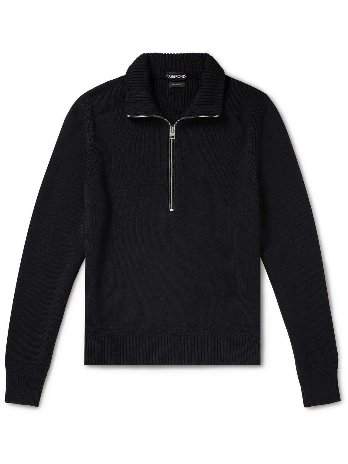 Tom Ford Ribbed Merino Wool And Silk-blend Half-zip Sweater In Black