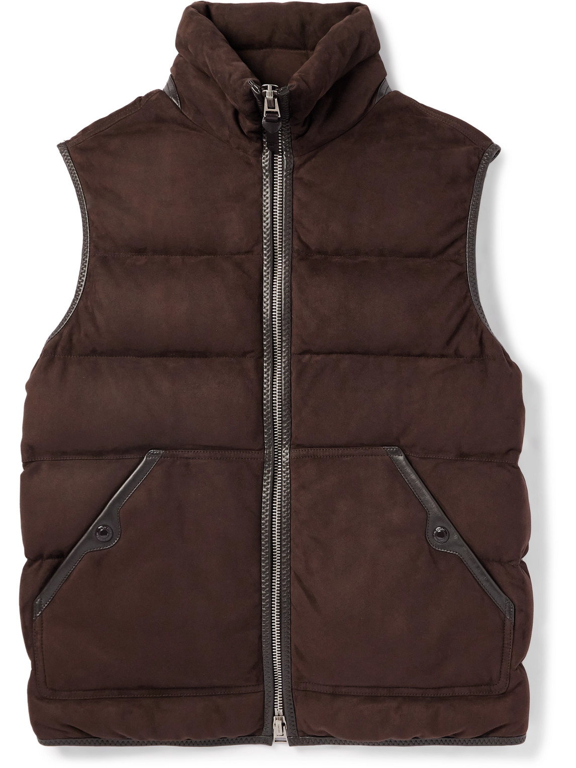 Tom Ford Slim-fit Quilted Leather-trimmed Suede Down Gilet In Brown