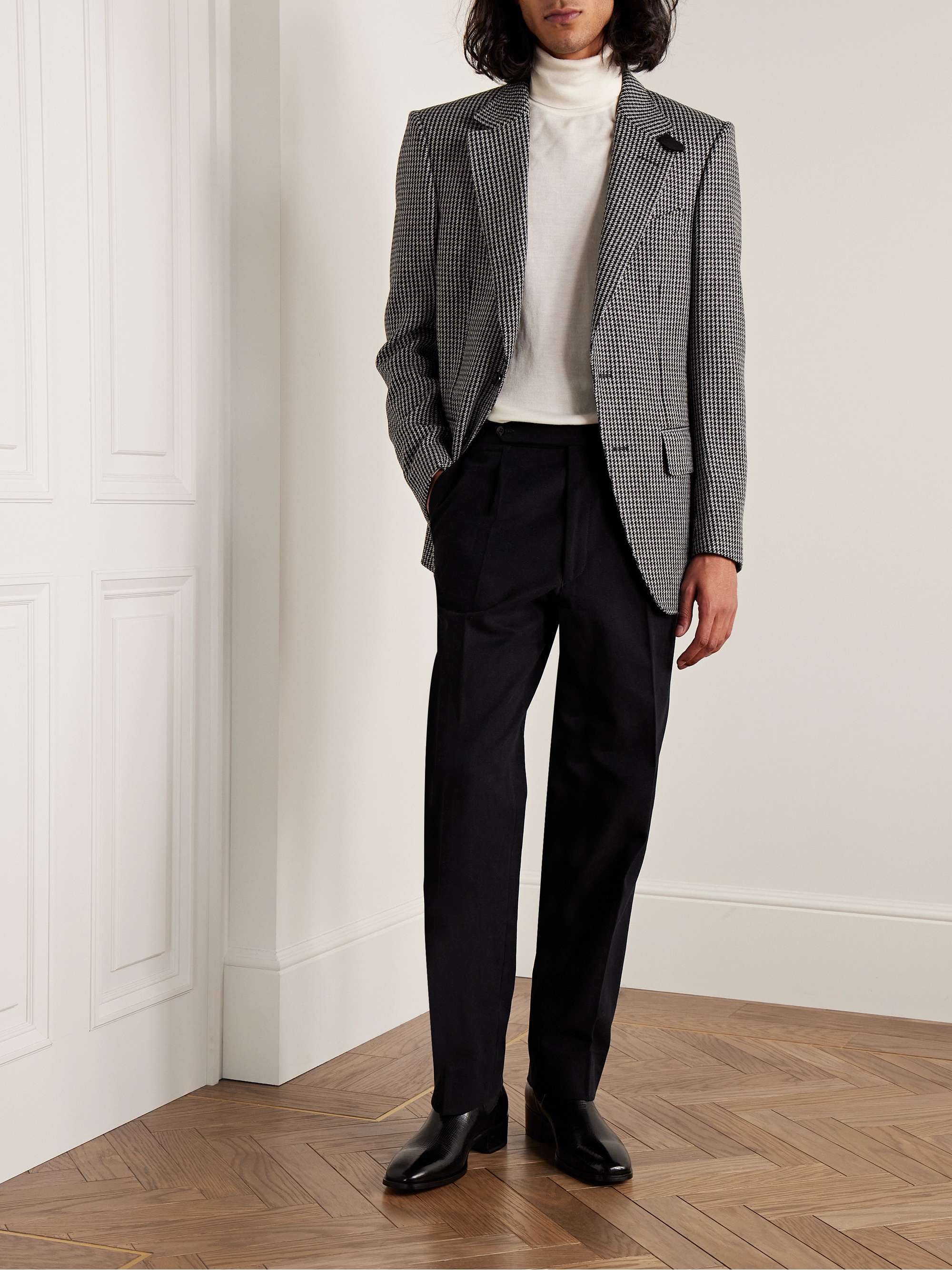 TOM FORD Atticus Leather-Trimmed Houndstooth Wool, Mohair and Cashmere ...